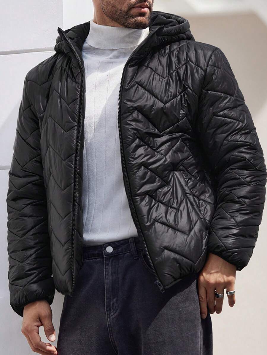 Manfinity Homme Chaqueta acolchada con cremallera y capucha con pespunte en Z para hombres, abrigo acolchado de invierno urbano para otoño/invierno, como regalo para amigos, esposo, novio