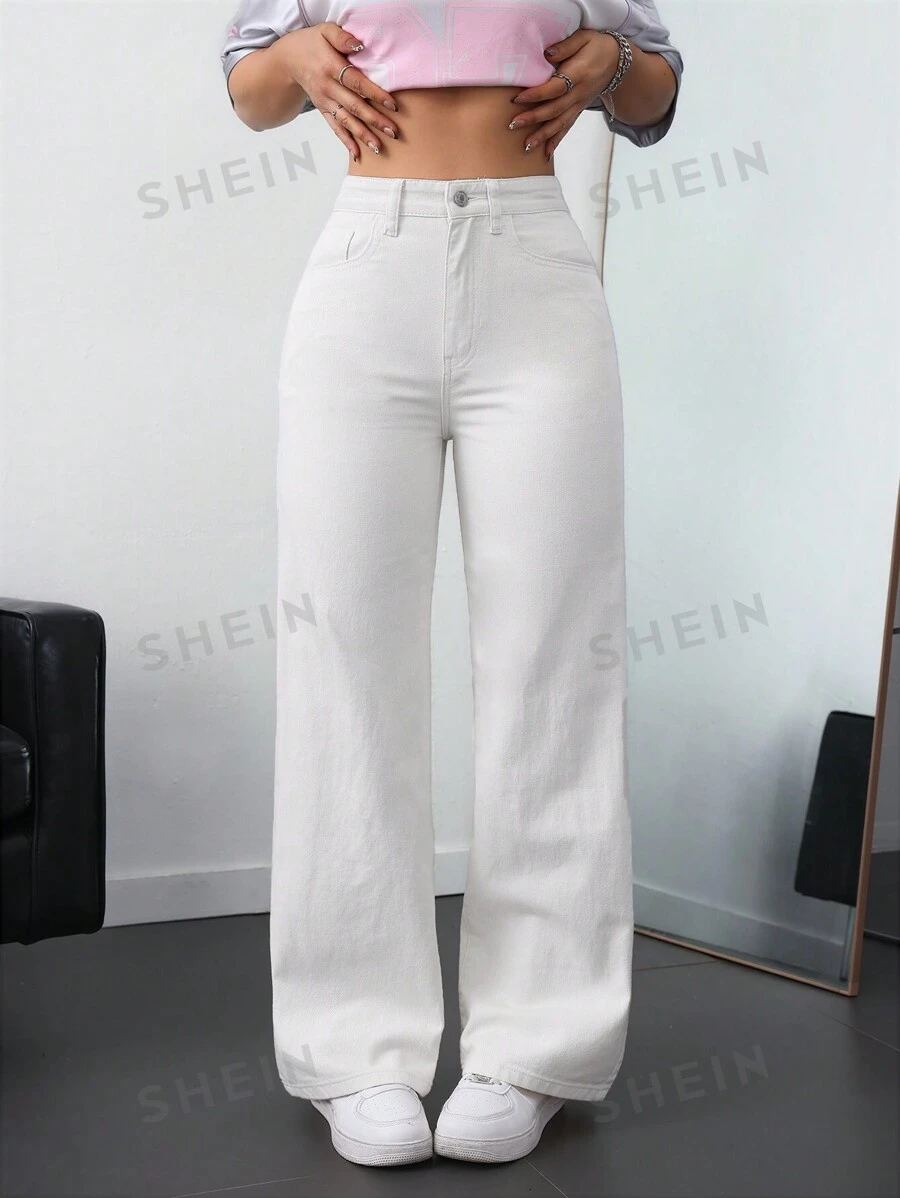 SHEIN ICON Pantalones vaqueros de pierna recta versátiles de unicolor con bolsillo