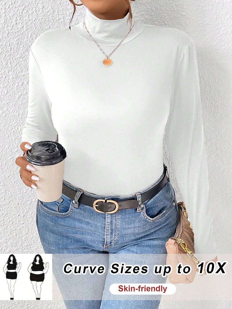 SHEIN CURVE+ Camiseta de punto de cuello alto ajustada de talla grande de color liso acanalado