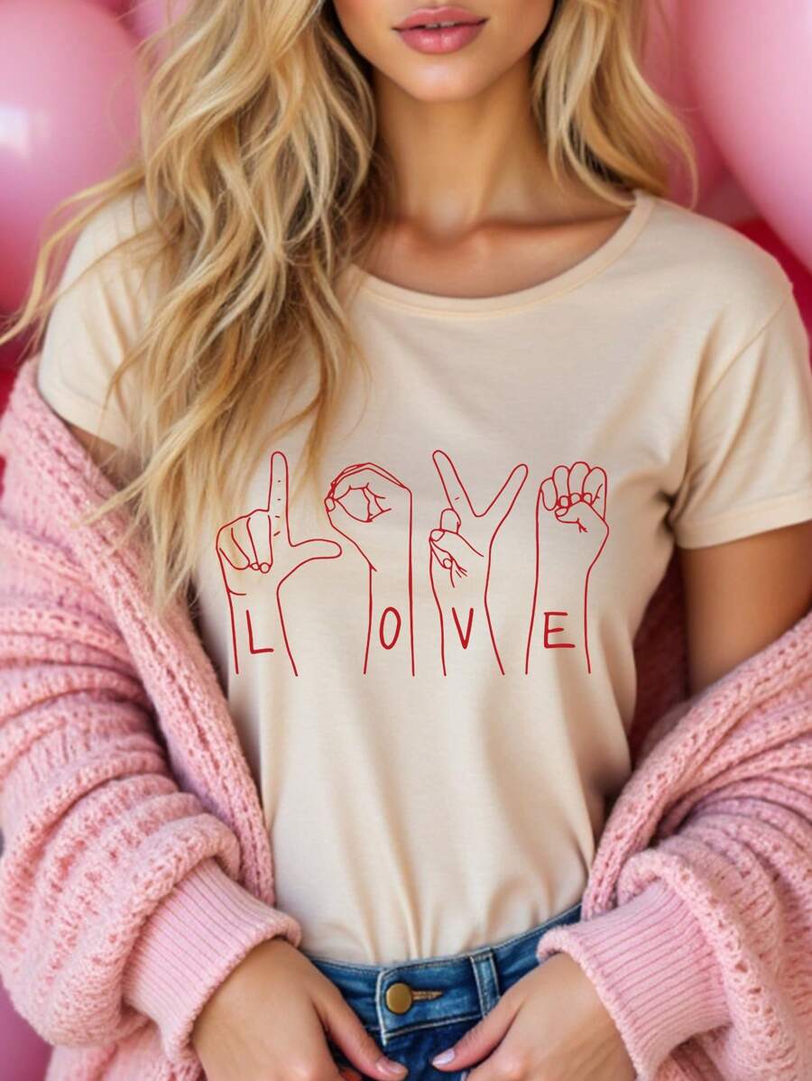 Women's Casual Cute Love Hand Gesture Print Round Neck Short Sleeve T-Shirt, Suitable For Valentine's Day, Family Party, Valentine's Day Gift