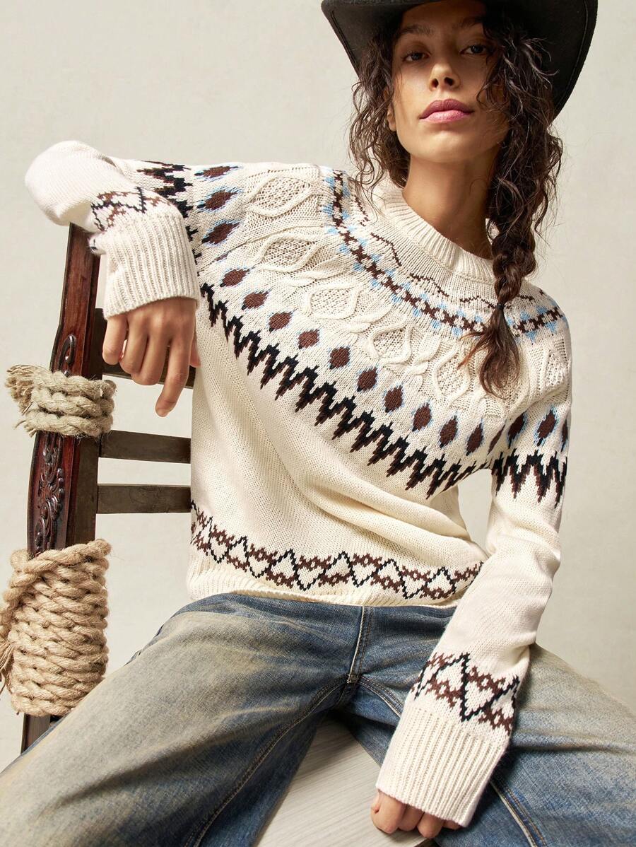 Bohemela Women's Geometric Print Round Neck Casual Versatile Long Sleeve Sweatshirt