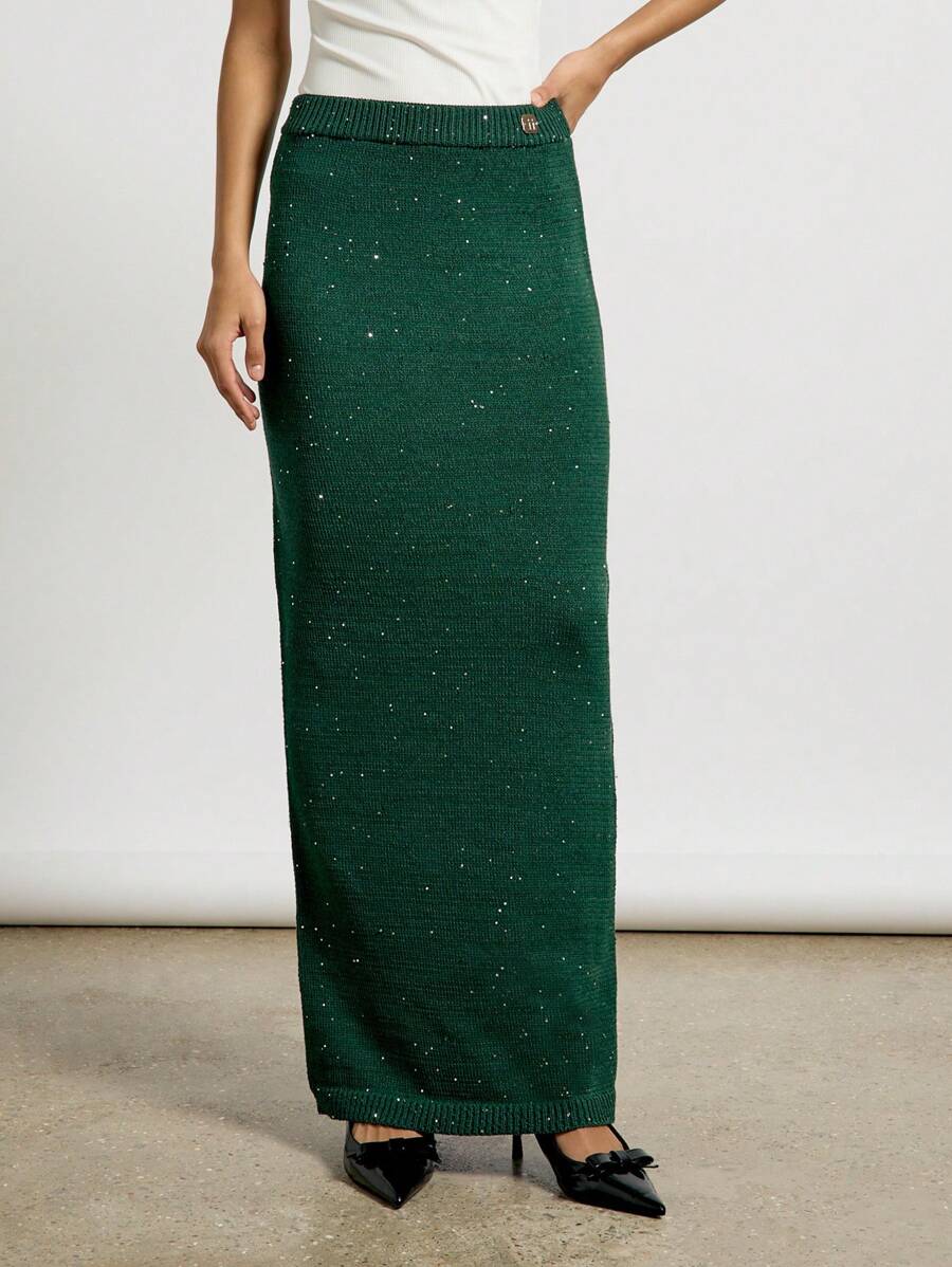 AiiRZ Sparkly Knit Maxi Skirt Festive Holiday Evening Ribbed Waistband Shimmer Party Long Winter Occasion Wear