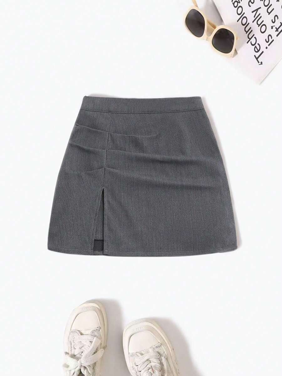 SHEIN PETITE Petite Women's Casual Minimalist Versatile All-Match A-Line High-Rise Grey Mini Skirt