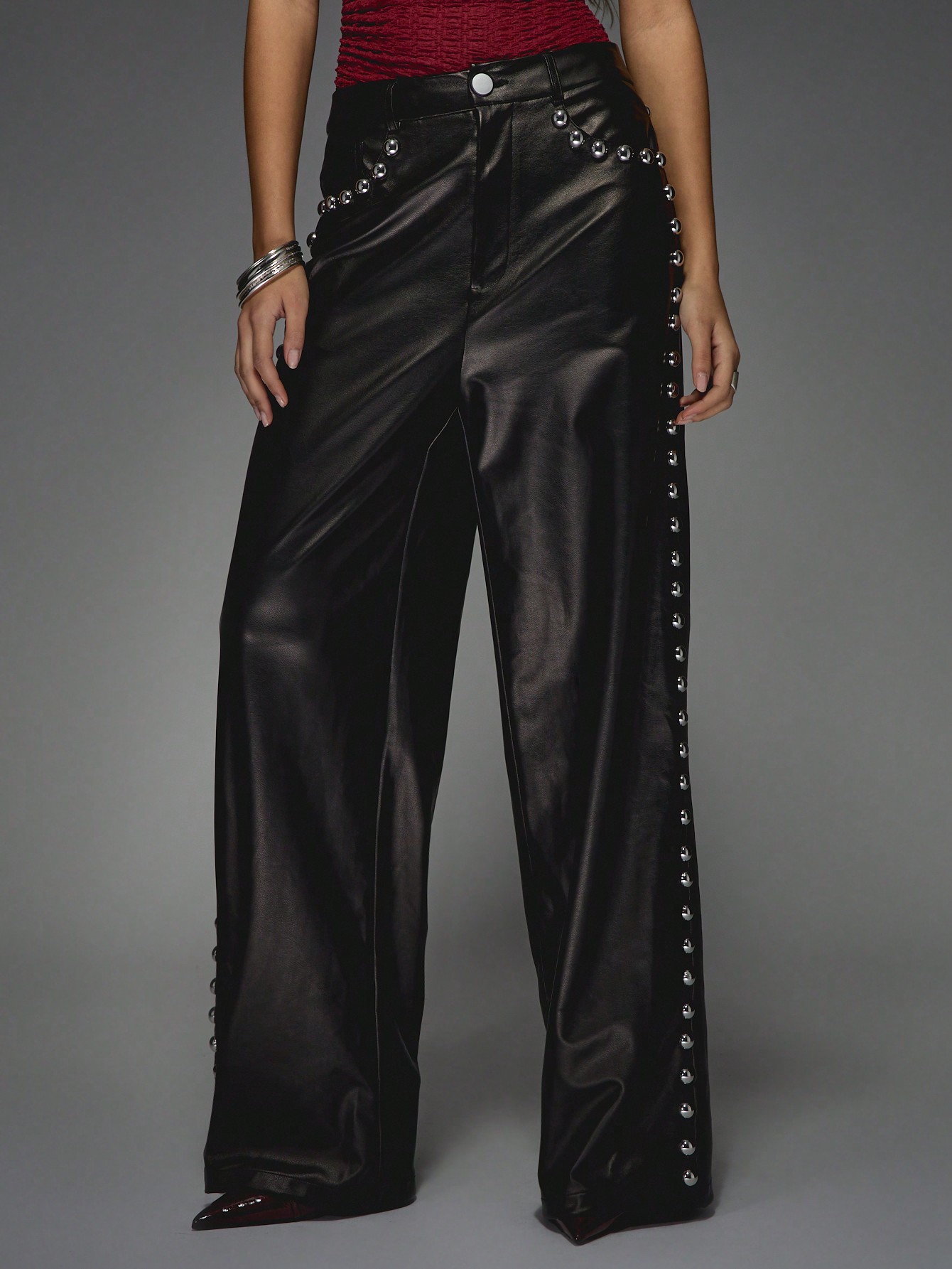 MISSGUIDED Faux Leather Studded High Waisted Wide Leg Trousers