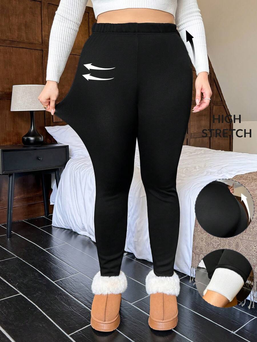 SHEIN Privé Plus Size Women Casual Solid Color Christmas Long Leggings, Warm Tight Pants For Autumn/Winter