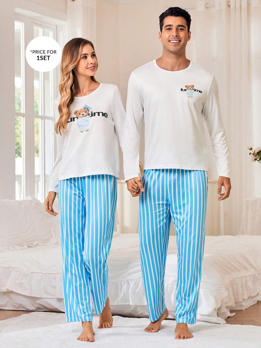 CoupledUp Conjunto de Pijama Masculino com Urso Fofo, Camiseta de Manga Longa e Calça de Cordão Listrada