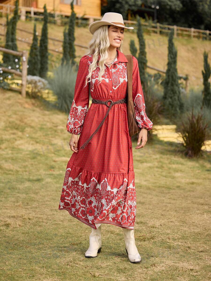 LanaWest Vestido largo casual de mujer de manga larga con botones frontales, plisado y estampado floral para el Año Nuevo