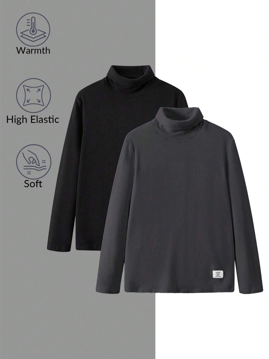SHEIN 2 pièces/set Hauts à manches longues en polaire col roulé décontractés et polyvalents pour garçons adolescents, assortiment blanc et noir