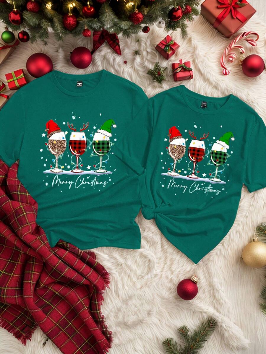 Manfinity Homme Fashionable Casual Christmas Wine Glass Pattern Print Couple T-Shirt, Men's Regular Fit Short Sleeve Tee, Olive Green