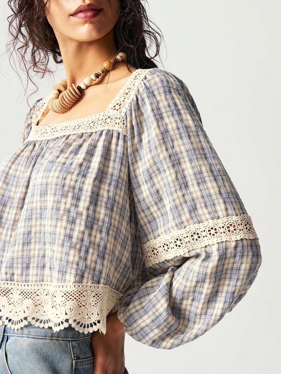 Bohemela Dames Casual Geweven Geruit Contrasterende Kanten Bies Vierkante Hals Losse Blouse
