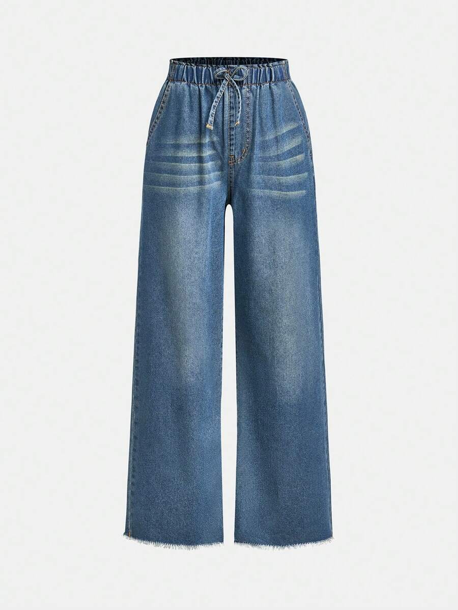 SHEIN Girls Loose Elastic Waist With Bow Straight Leg Jeans, Blue