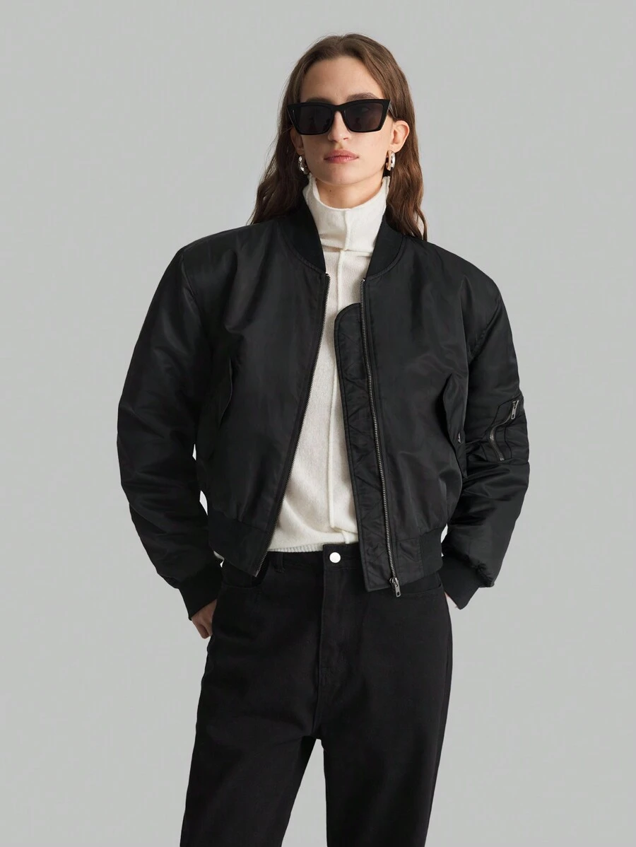 Ontre Women's Solid Black Long Sleeve Zip-Up Baseball Collar Padded Coat, Winter