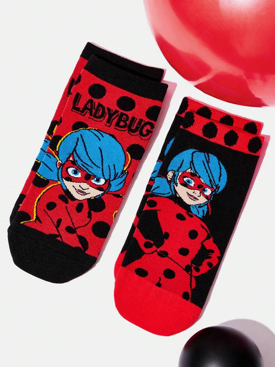 Miraculous Ladybug X SHEIN 2pcs Cartoon Figure And Polka Dot Pattern Ankle Socks Set, Women