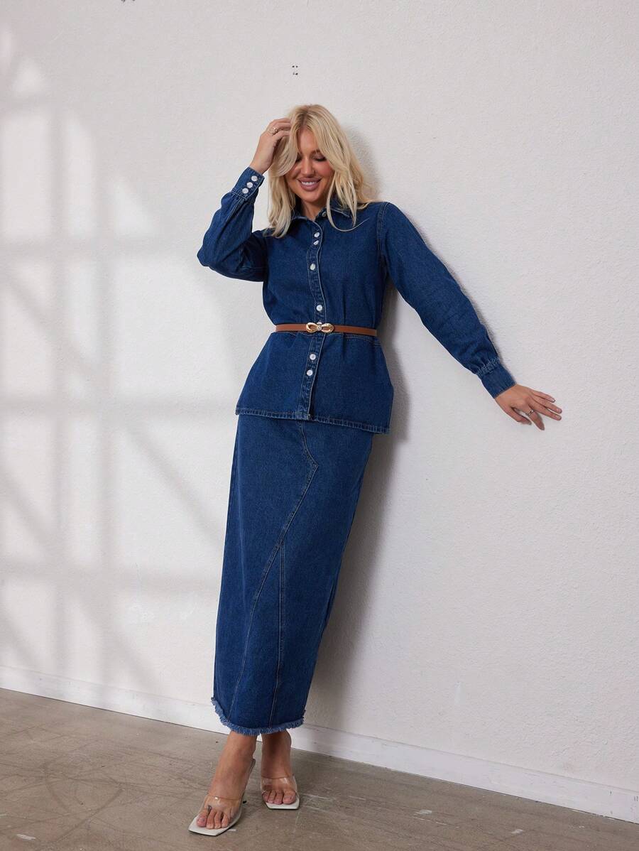 Ensemble denim classique et vintage pour femmes en deux pièces, chemise en denim à manches longues standard et jupe trapèze taille haute, pour dame de bureau, décontracté et école au printemps/été/automne/hiver