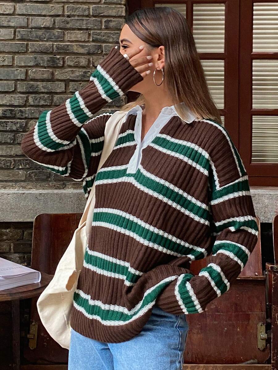 DAZY Color Block Striped Loose Long Sleeve Sweater For Women