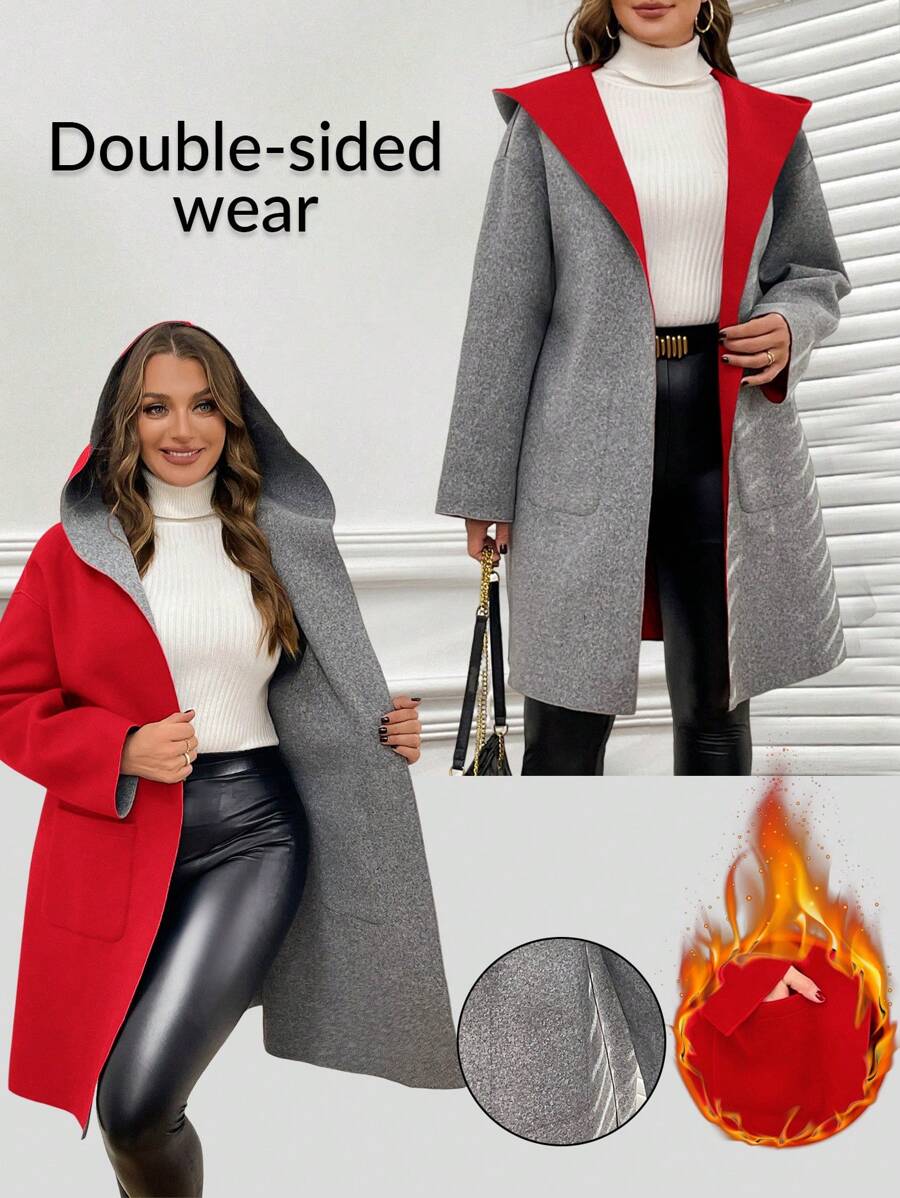 SHEIN Clasi Chaqueta casual con capucha y manga larga, reversible, de talla grande