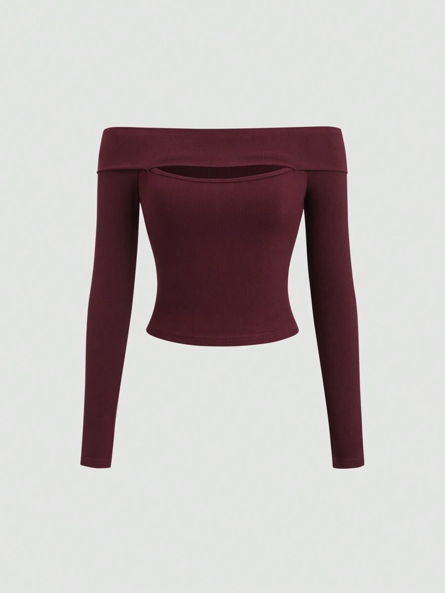 Flirla Solid Color Off Shoulder Hollow Out Long Sleeve Fitted Women's T-Shirt