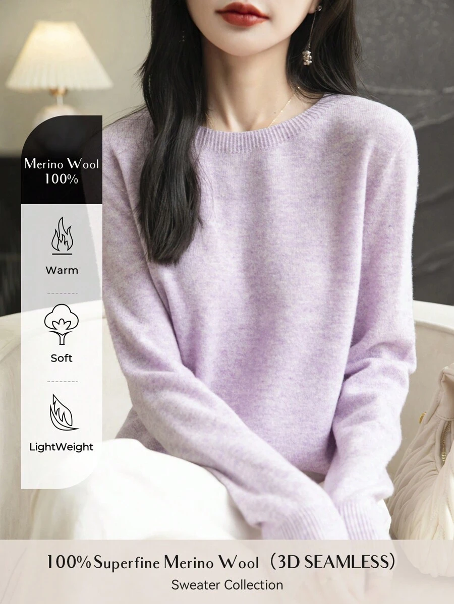 Pull en laine mérinos 100% pour femme, manches longues, col ras-du-cou, pull chaud et doux en tricot pour l'automne et l'hiver