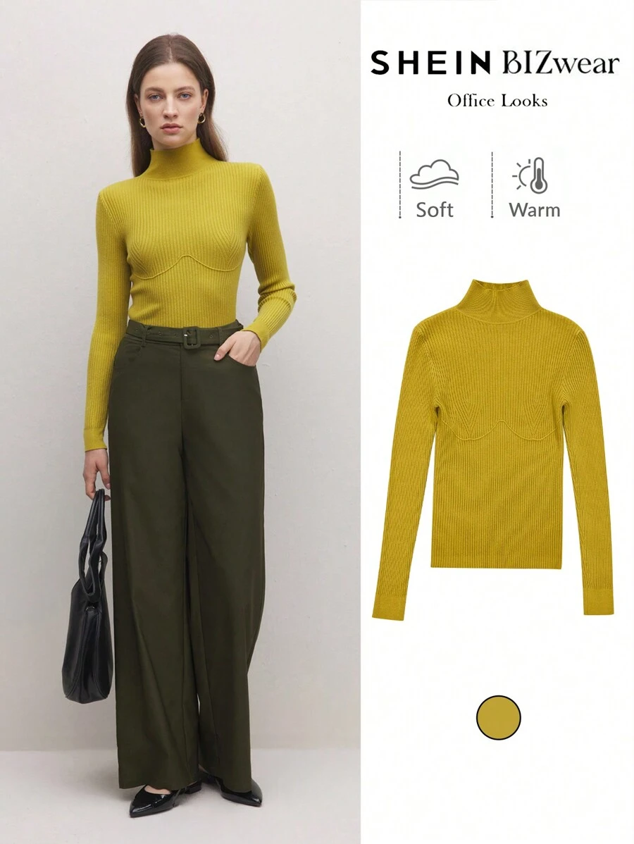BizChic Yellow Crew Neck Long Sleeve Sweater Tee, Fashionable Women Knitwear Top, Office Wear, Thanksgiving Apparel