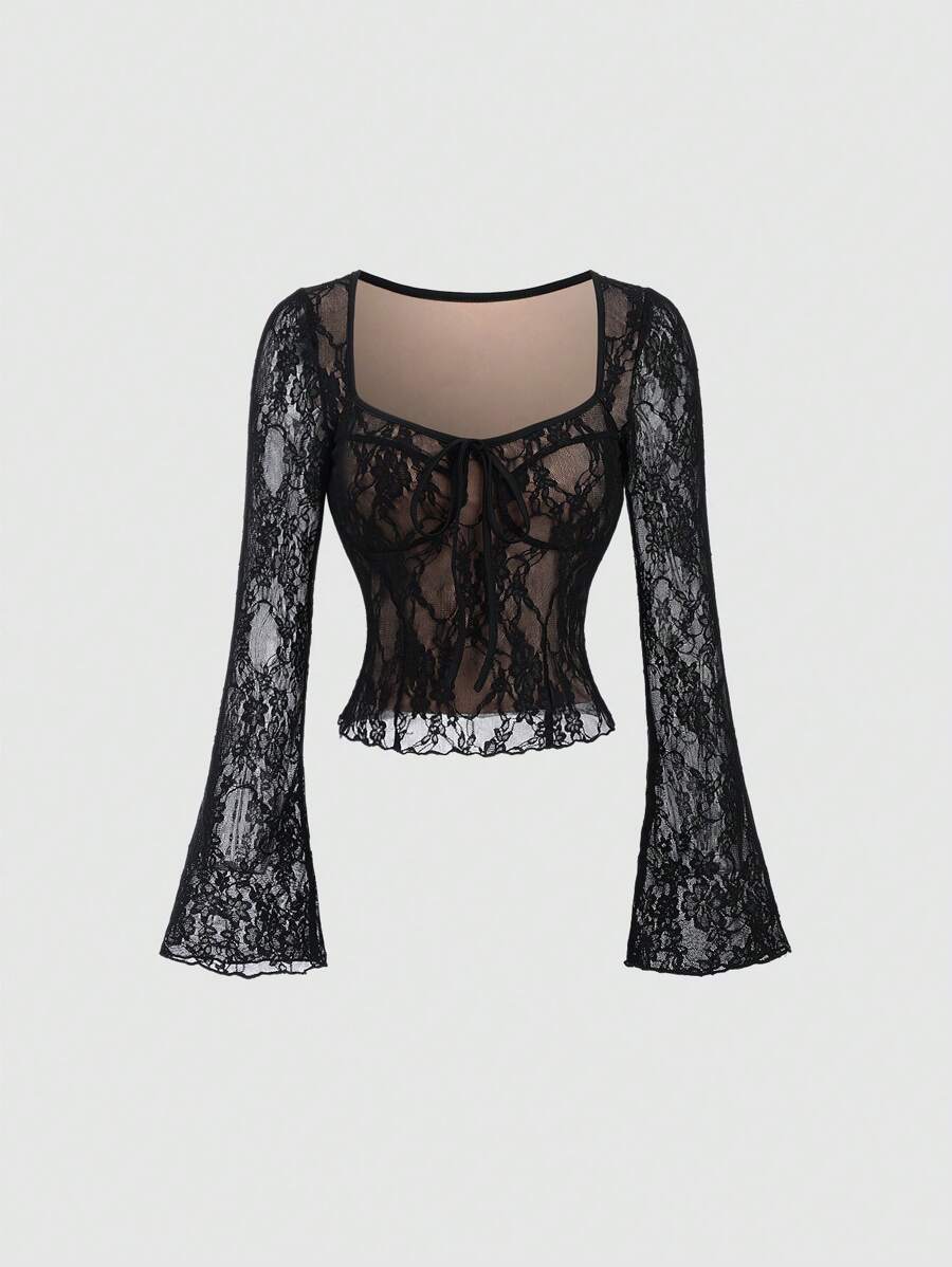 Sweetra Top à manches longues, col carré, nœud papillon en dentelle sexy pour femmes, tenue décontractée Y2K