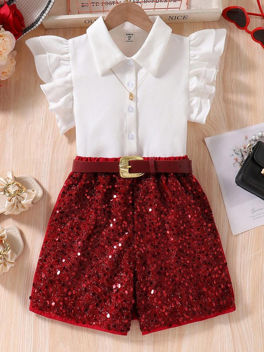 SHEIN 2pcs/Set Tween Girls Summer Cap Sleeve Shirt & Sequin Shorts Set,Holiday,Summer,Travel