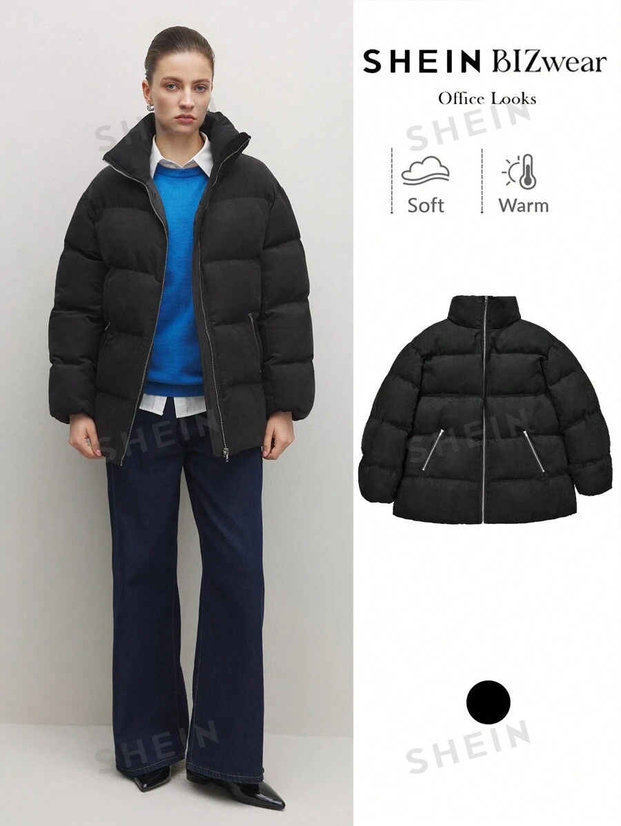 BizChic Abrigo acolchado de manga larga con cierre frontal de cremallera, de unicolor, para invierno