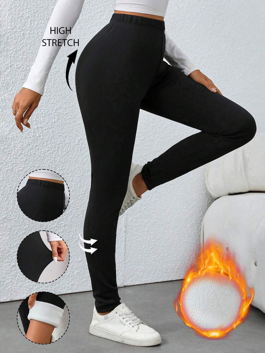 SHEIN Tall Black Thermal Lined Long Slim Fit Casual Leggings For Tall Women, Winter