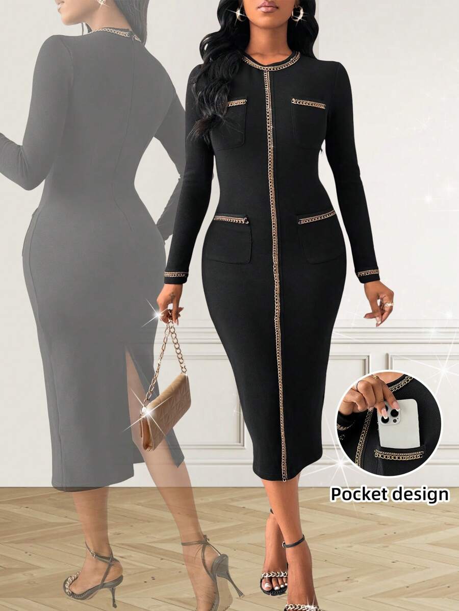 SHEIN Lady Vestido negro ajustado de cuello redondo con detalle de cadena metálica, vestido negro de manga larga, vestido elegante midi para mujer