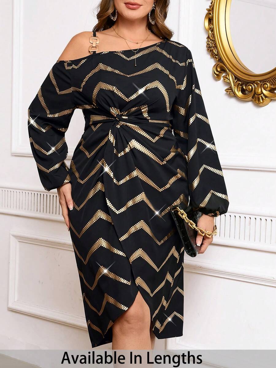 SHEIN Tall CURVE Asymmetrical Shoulder Chain & Twist Open Shoulder Cinched Waist Puff Sleeve Elegant Vintage Foil Print Plus Size Gold And Black Mid-Length Dress, Dress, New Years Dress Women, Sequin, Nye Outfit Women, Black Dress Elegant