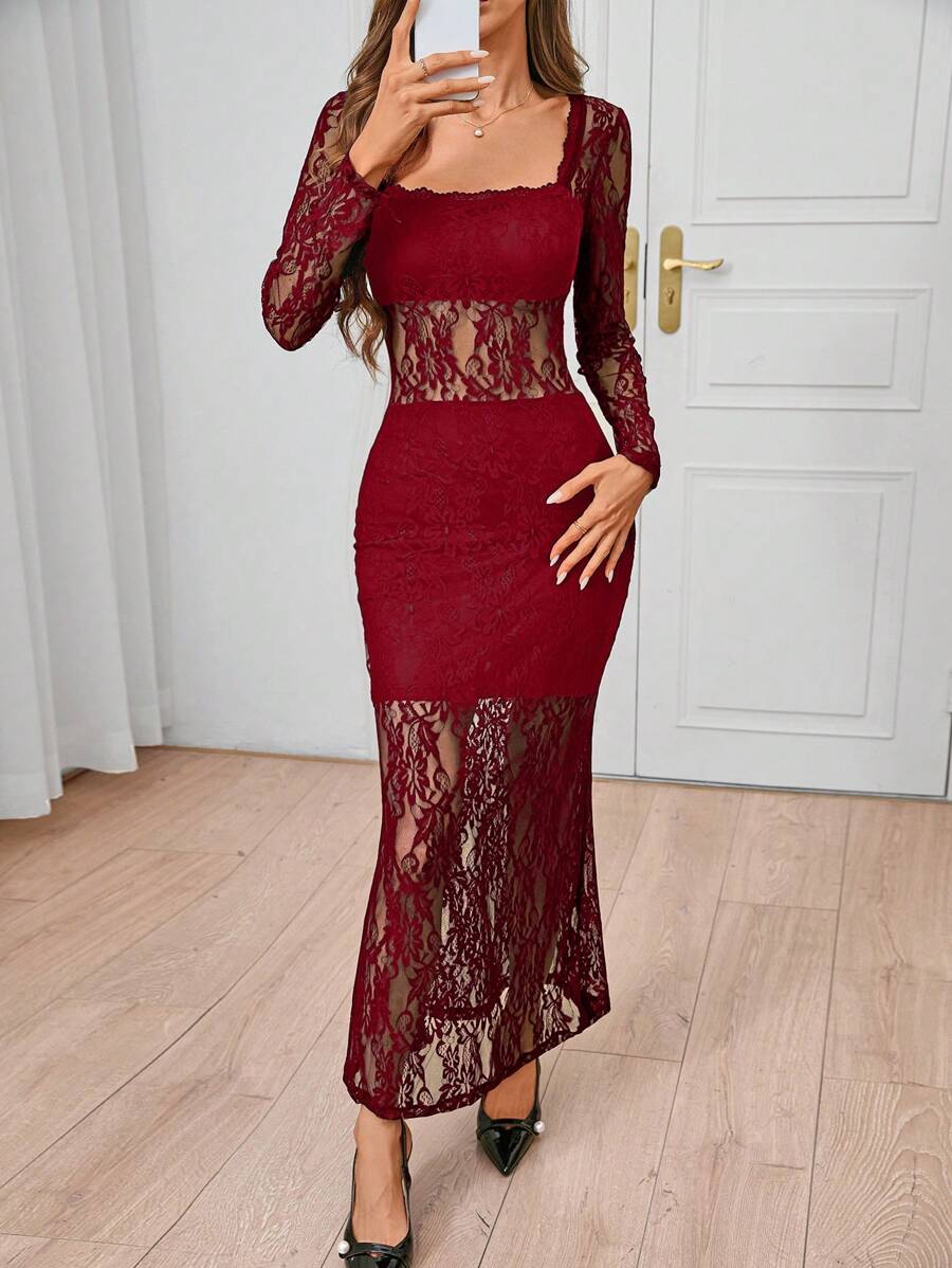 SHEIN Clasi Women's Fashionable Versatile Fashion Black Lace Mermaid Party Dress, Autumn/Winter