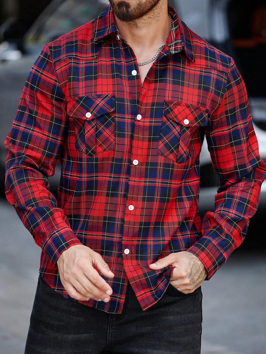 Manfinity Homme Camisa informal a cuadros con botones para hombre para usar al aire libre/diariamente en otoño