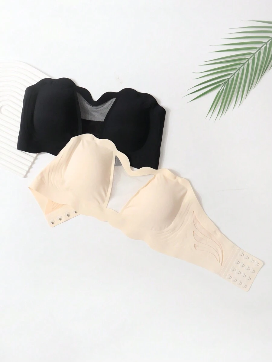 SHEIN 2pcs/Set Teen Girl Minimalist Fashionable Skin Color & Black Bra Set