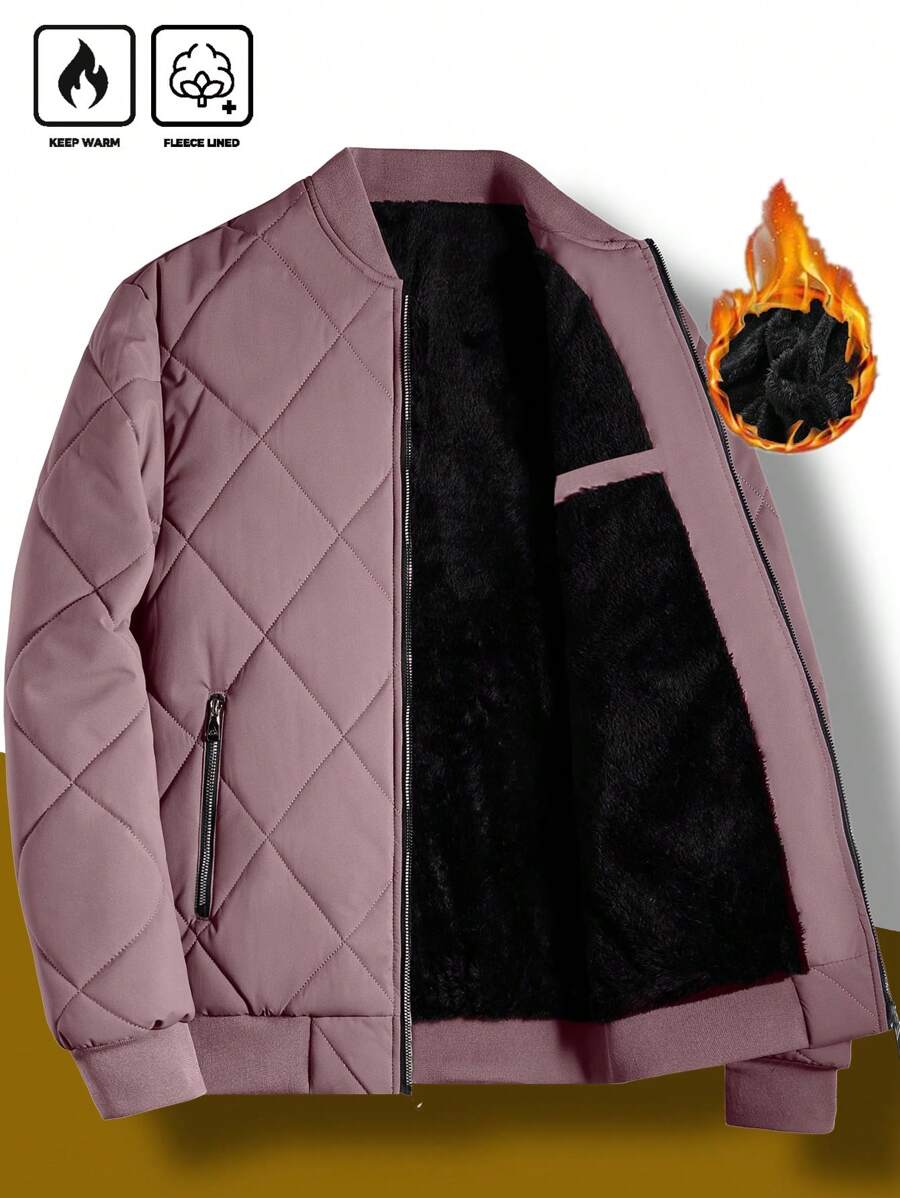 Manfinity Homme 1pc Men's Plain Front Zip Up Long Sleeve Casual Quilted Jacket, Minimalist Daily Wear