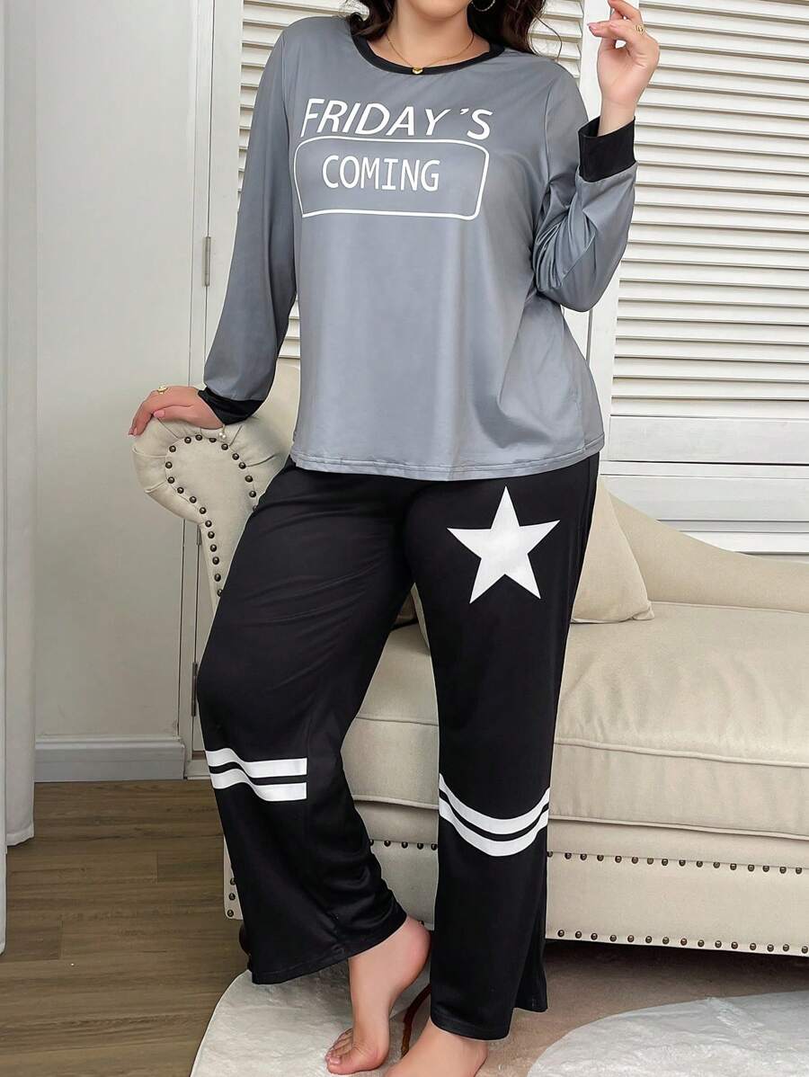 Pijama de cuello redondo casual con estampado, de manga larga
