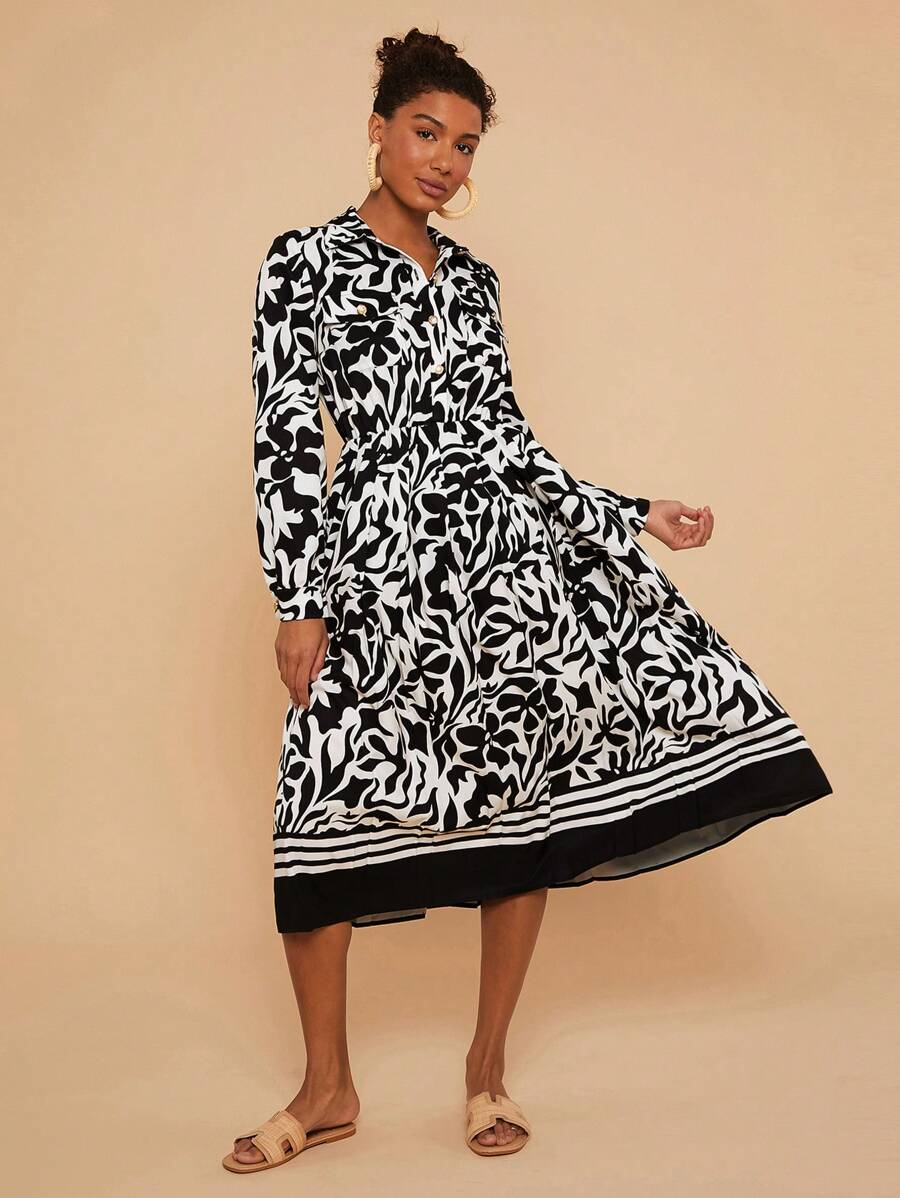 Travachic Bloemenprint Lange Mouw Voorkant Zak Shirt Jurk Voor Vrouwen, Midi Lengte