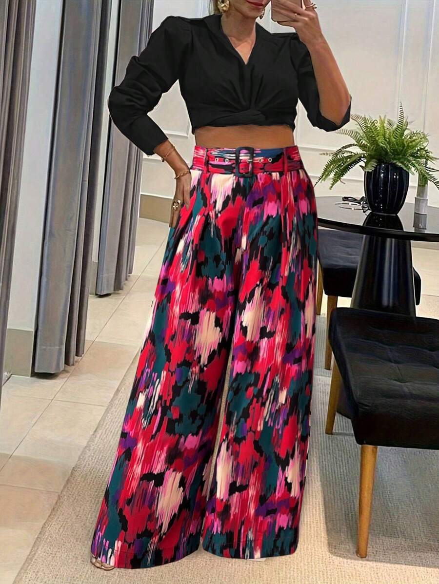 Franclia Pantalon grande taille à jambes larges avec imprimé blocs de couleurs tout sur le produit, automne