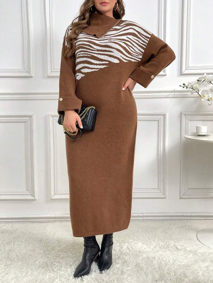 Mulvari Plus Size Women Zebra Stripe Dropped Shoulder Long Sleeve Loose Long Sweater Dress, Casual For Autumn/Winter