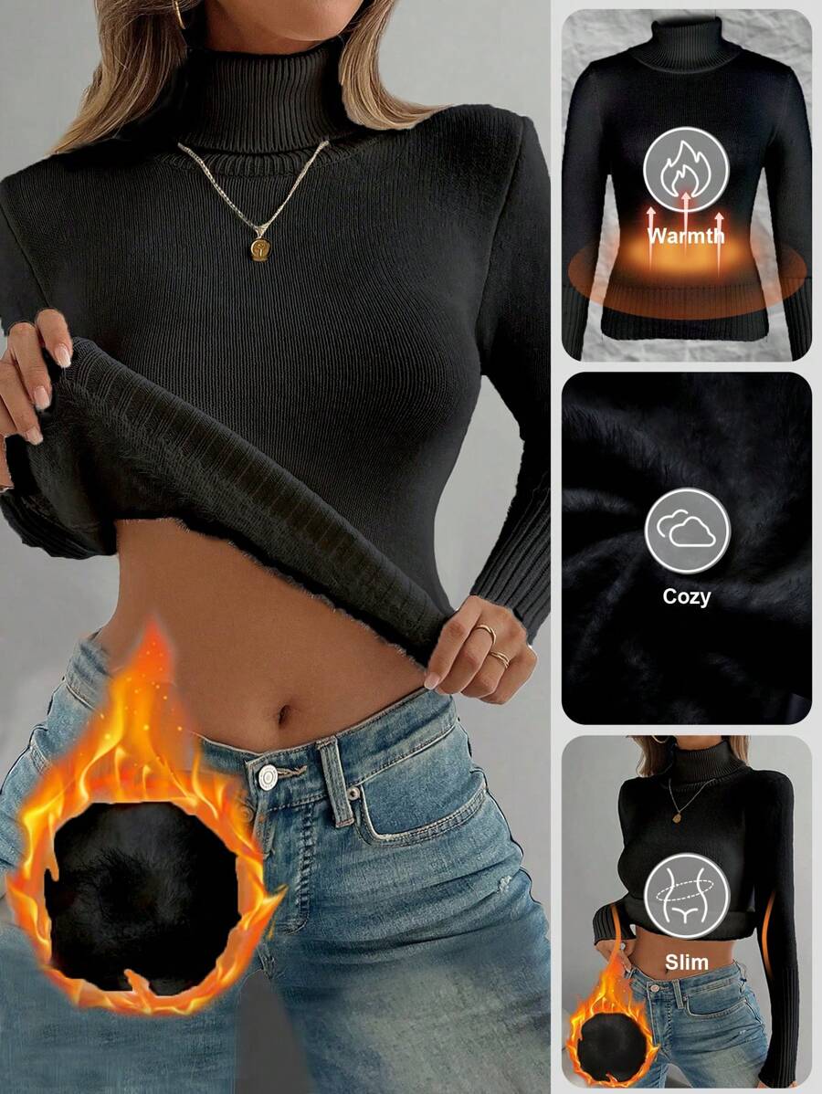 RosyDaze European And American Autumn/Winter Fashionable All-Match High Neck Thickened Seamless Fitted Thermal Knit Undershirt