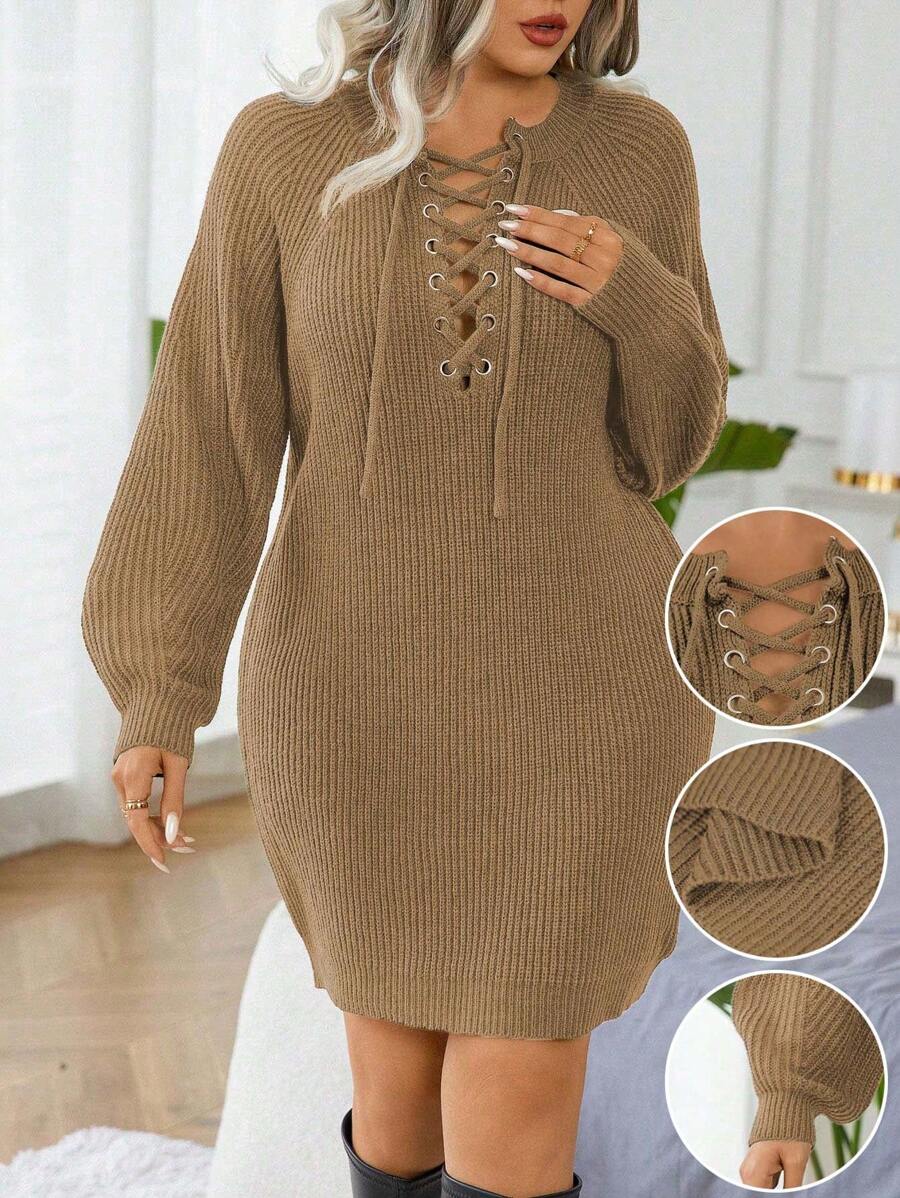 Calvaya Plus Size Solid Color Tie Front Long Sleeve Minimalist Casual Cropped Sweater Dress, For Winter