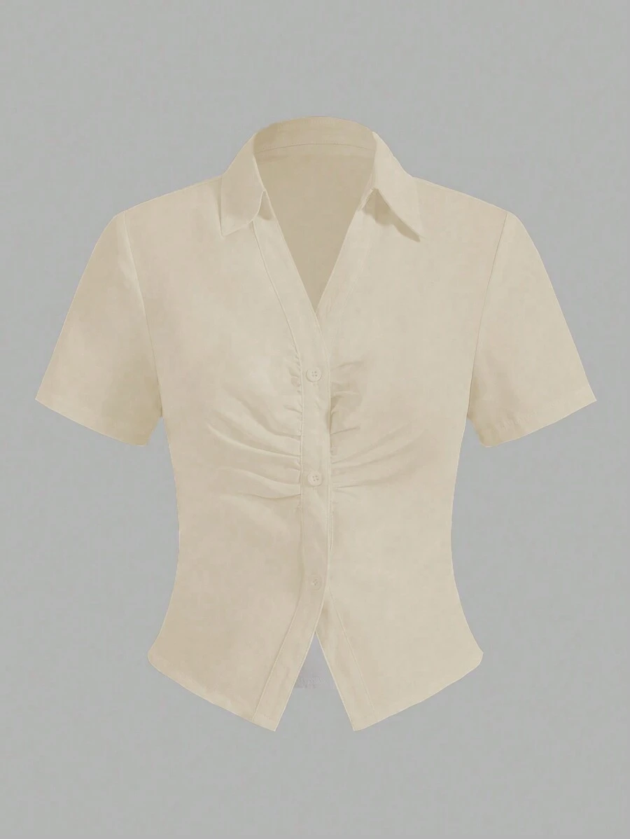 Flirla Women's Solid Color Short Sleeve Pleated Single-Breasted Casual Shirt