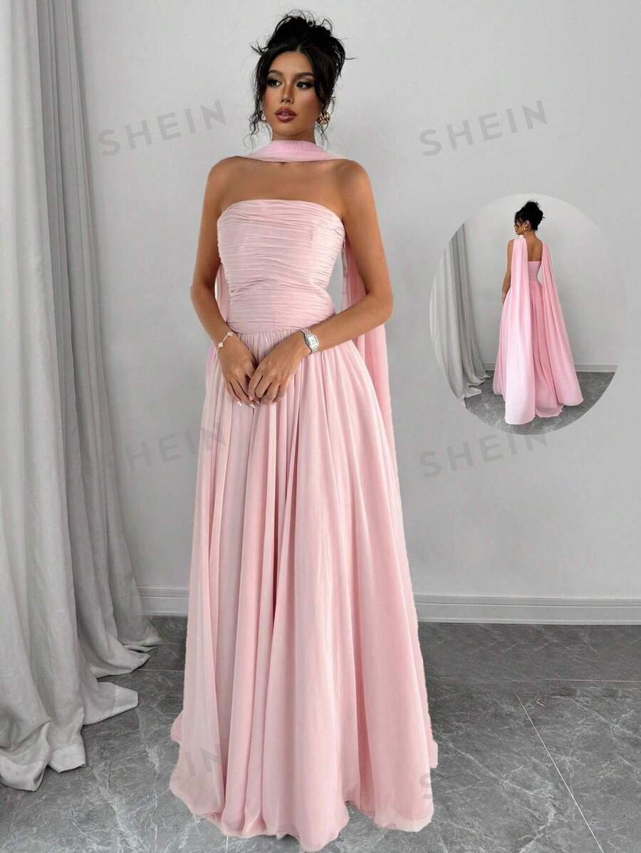 Elenzga 1 pieza Vestido de mujer de unicolor con detalles plisados en el cuello halter, vestido largo elegante sin mangas tipo maxi para mujer