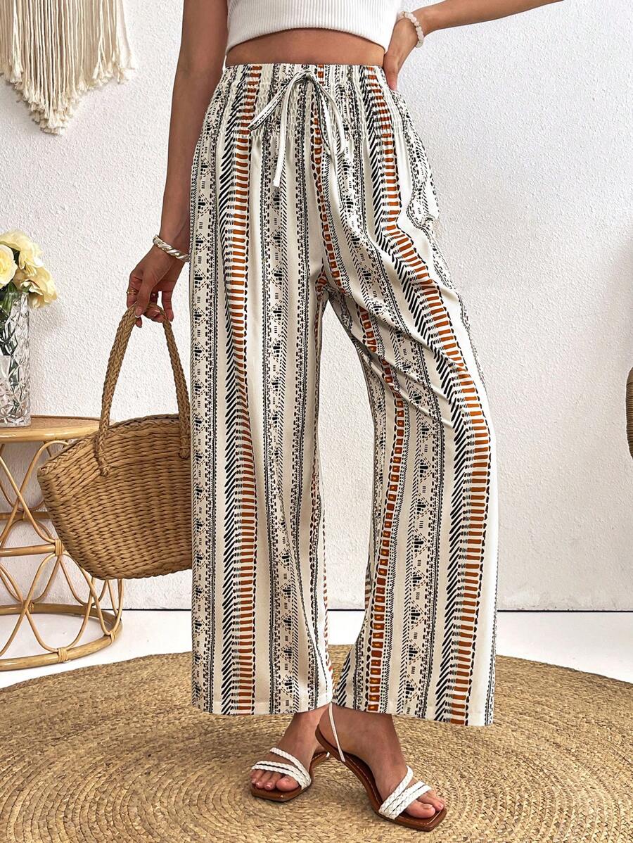 SHEIN VCAY Women's Retro Print Wide-Leg Pants, Autumn/Winter