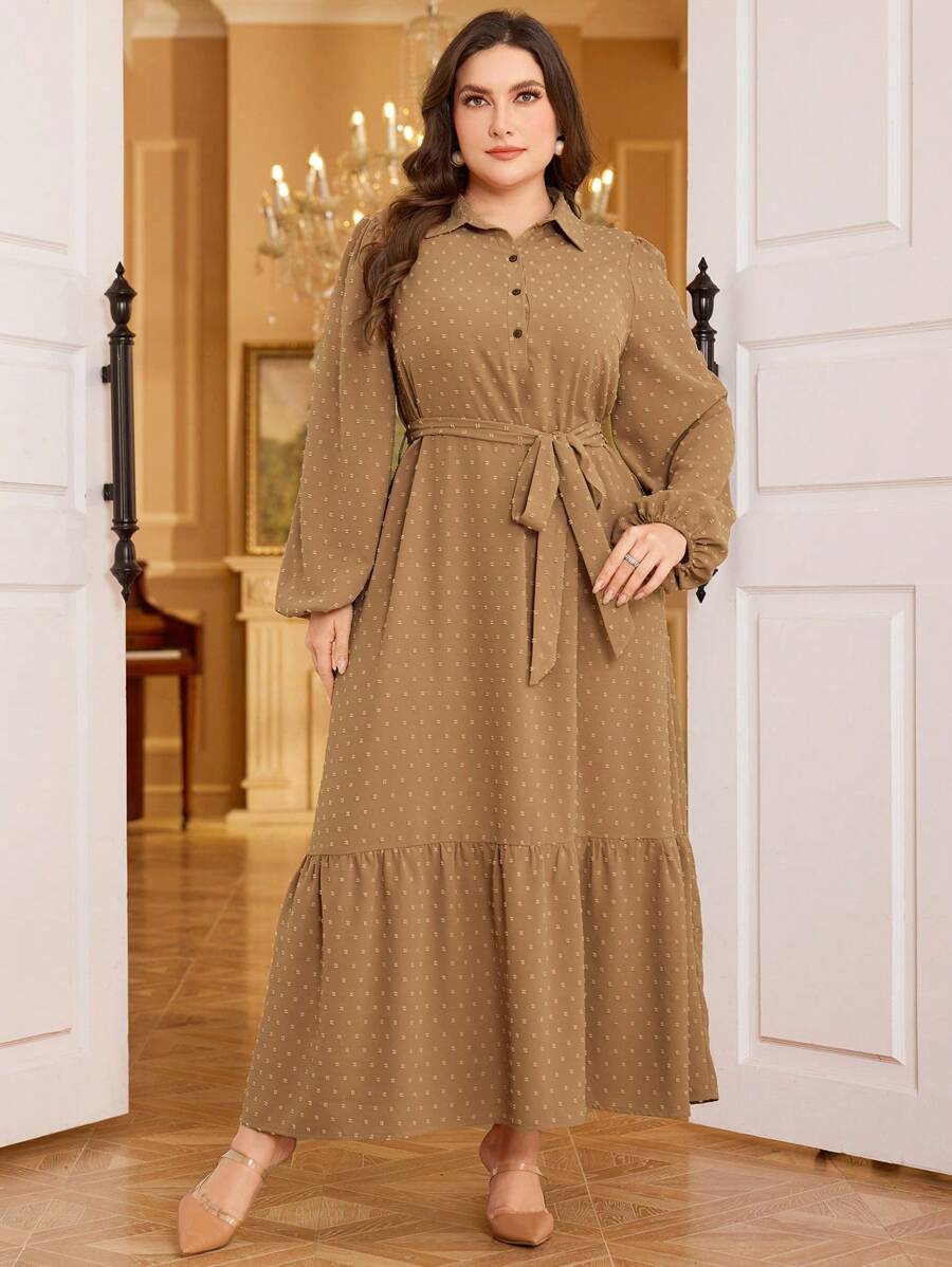 Mulvari Plus Size Women Lantern Sleeve Casual Half-Placket Long Shirt Dress For Autumn Maxi Women Outfit