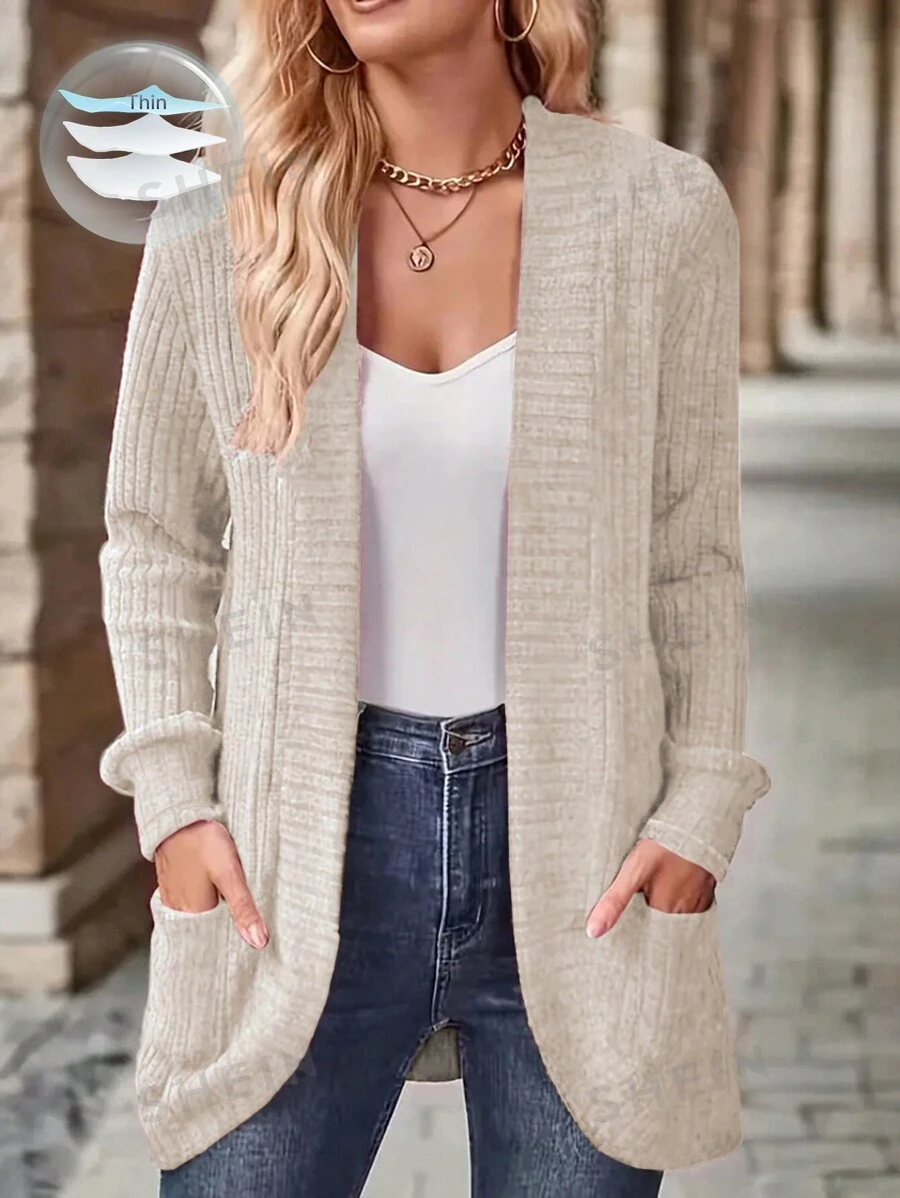 SHEIN LUNE Conjunto de mujer con cárdigan acanalado con cepillado y bolsillos laterales, y shorts