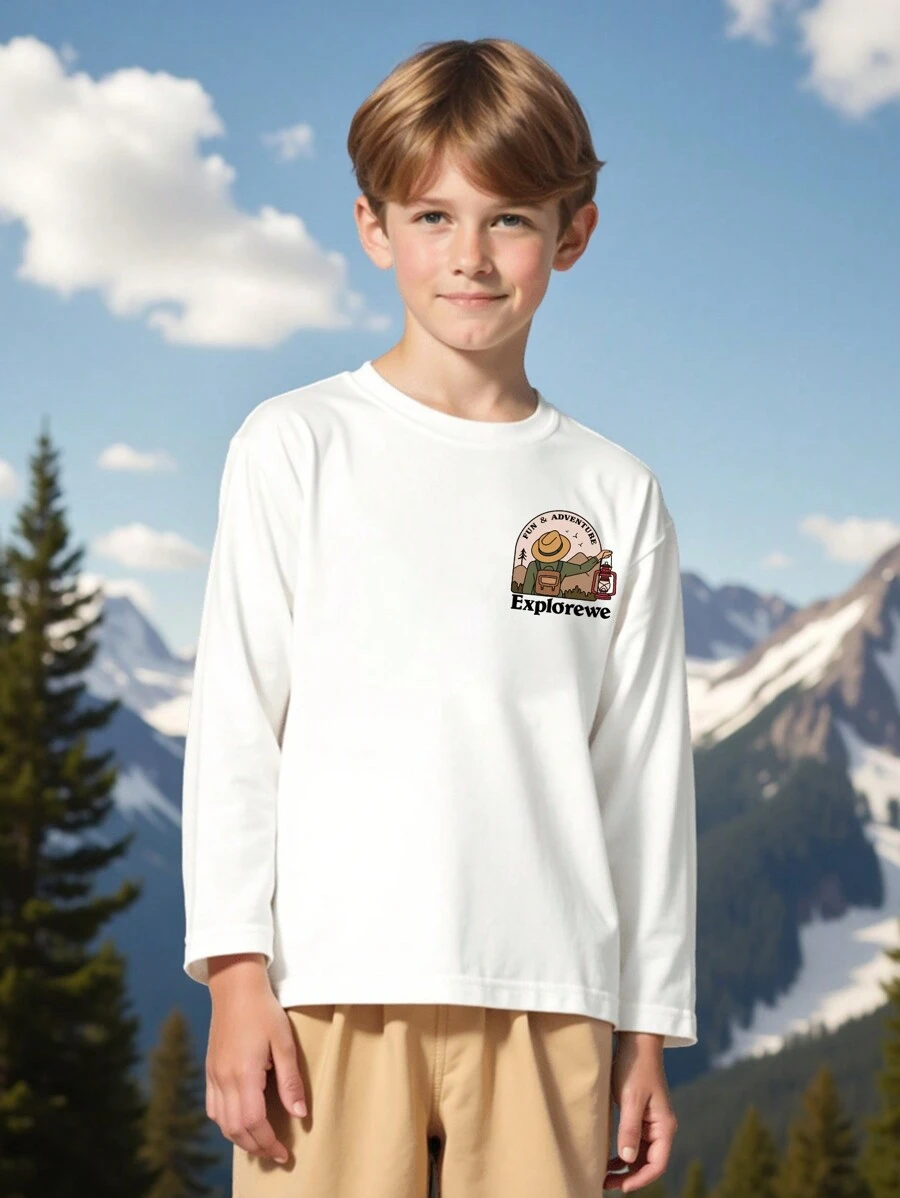 SHEIN Camiseta de manga larga con estampado gráfico de forro polar informal para niño preadolescente, para actividades al aire libre