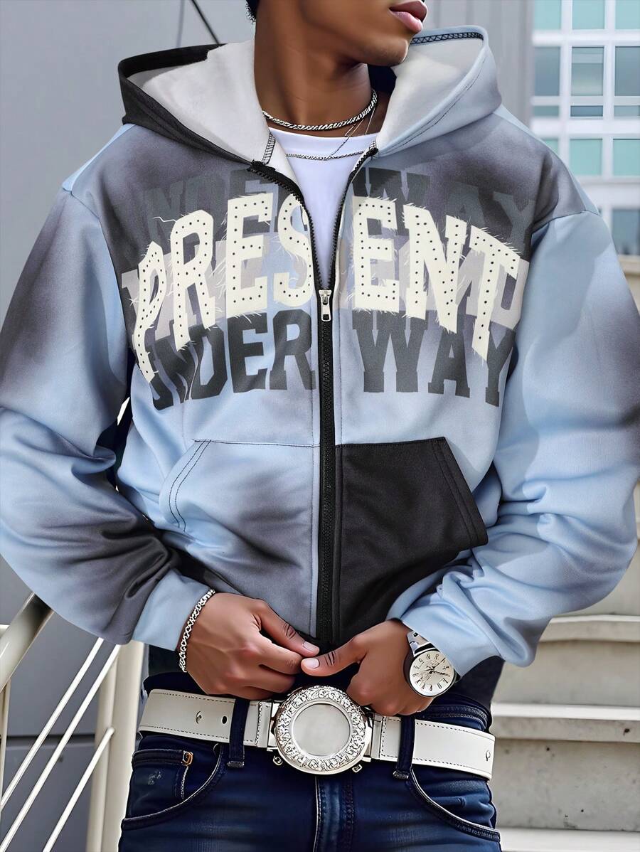 Manfinity EMRG Chaqueta con capucha con bloqueo de color e impresión de letras con bolsillo para hombre, chaqueta de manga larga con cierre de cremallera para usar en la calle
