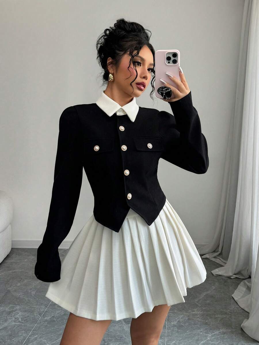 Elenzga Conjunto de chaqueta de manga larga de solapa única elegante y falda midi plisada para mujer