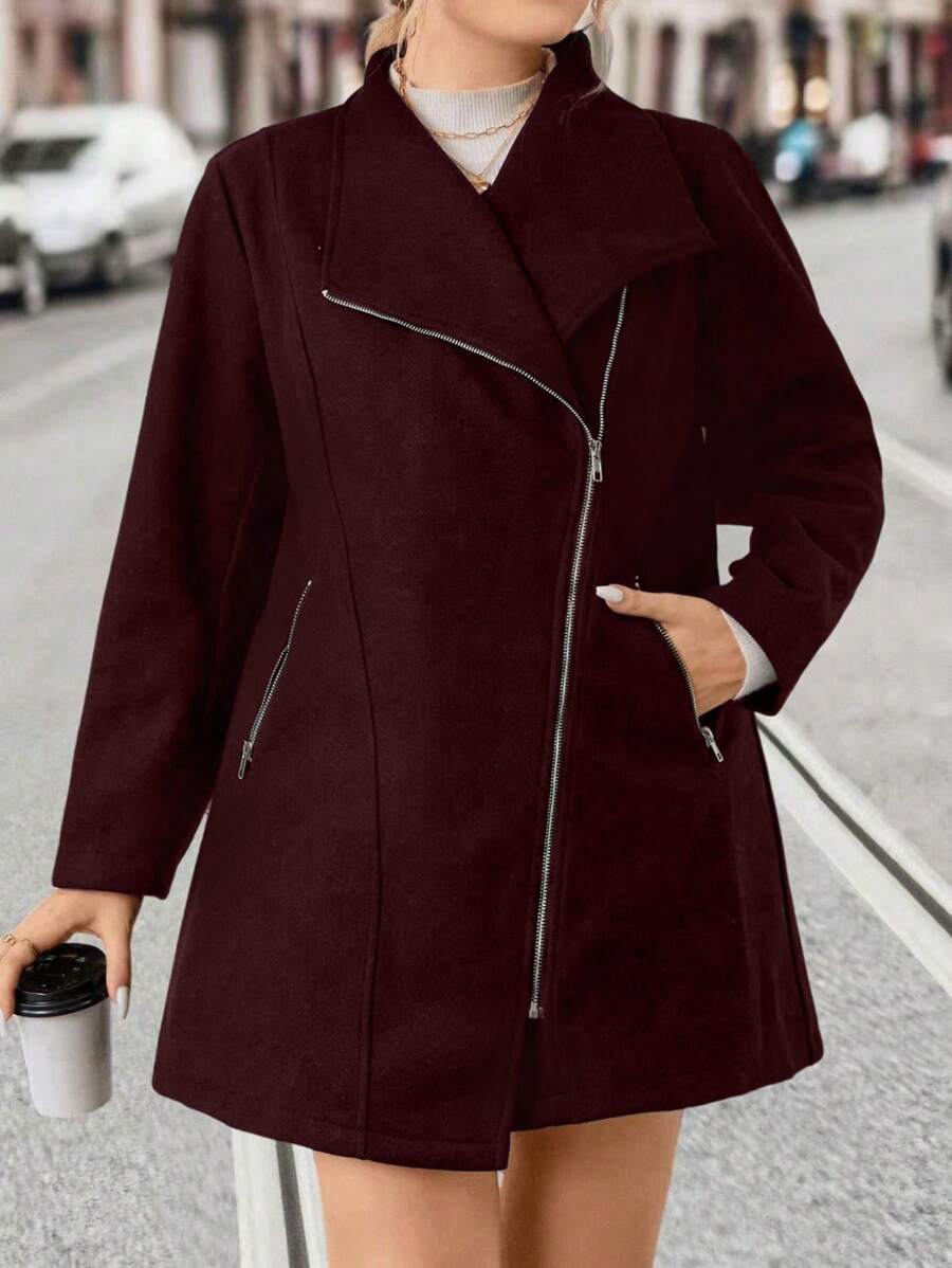 SHEIN LUNE Plus Size Women Solid Color Long Sleeve Zip-Up Casual Coat, Autumn/Winter