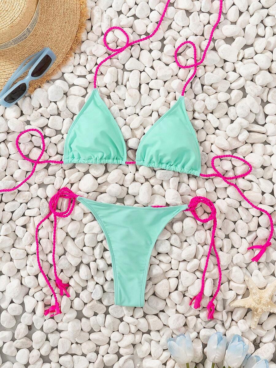 SHEIN Swim Ensemble de bikini pour femmes d'été vintage avec sangle tressée blocs de couleurs