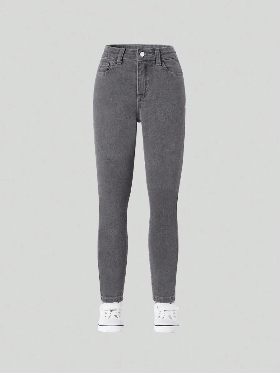 SHEIN Tween-Mädchen All-Match-Lässig-Minimalist-Schulstil, verstellbarer Bund, hochelastische 5-Pocket-Skinny-Jeans, mit Taschen, vielseitig einsetzbar, schlicht und modisch, das ganze Jahr über unverzichtbar